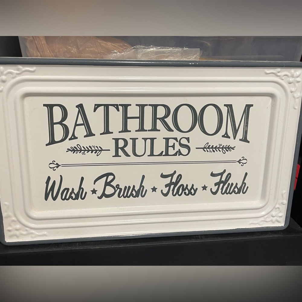 Metal Bathroom Rules Sign - OffWhite and Gray